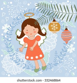 Cute Christmas card with happy angel. Vector illustration