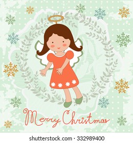 Cute Christmas card with happy angel. Vector illustration