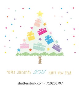 Cute Christmas card. Happy New Year 2018. Children's drawing style. Christmas tree with present boxes isolated on white.