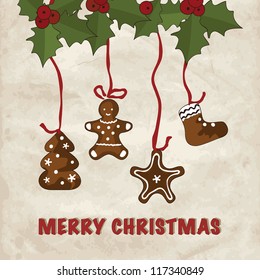 Cute christmas card with holly berries and homemade Gingerbread cookies. Vector illustration