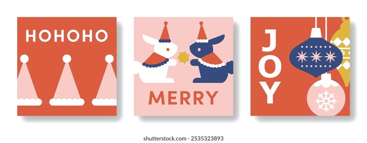 Cute Christmas card illustration set ( vector red pink rabbit holiday cute background material Santa hat Christmas ornament animal simple )