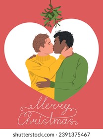 Cute Christmas card with kissing gay couple. Man falling in love. Merry Christmas vector illustration