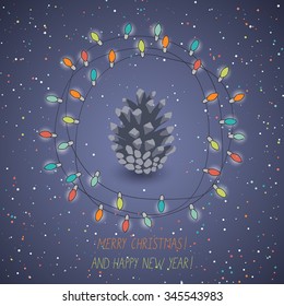 cute christmas card with christmas lights and pine cone