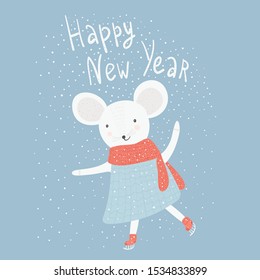 Cute Christmas card with mouse and snowflakes. Snowy New Year background with cartoon skating rat with red scarf