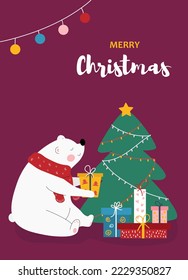 Cute Christmas card. The northern bear is putting Christmas presents under the Christmas tree. Atmospheric winter vector illustration with a beautiful polar bear. Christmas tree, garland, lanterns.