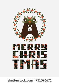 Cute Christmas card with a picture of a bear. Vector illustration