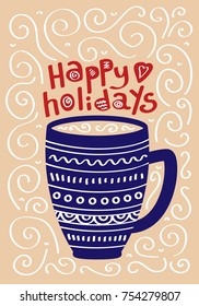 Cute Christmas card with a picture of the mug in a Scandinavian style. Vector illustration 