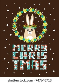 Cute Christmas card with a picture of a rabbit in a Scandinavian style