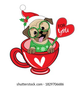 Cute Christmas card with a pug dog wearing a santa claus hat sits in a red cup. Vector cartoon new year postcard