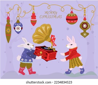 Cute Christmas card with rabbits. Vector illustration