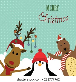 Cute christmas card with reindeer, bear and penguin