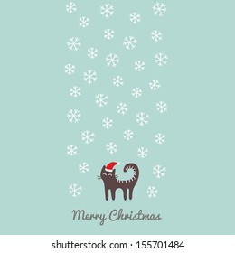 Cute christmas card with santa cat under snowfall. Vector illustration