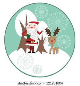 Cute Christmas card with Santa claus, reindeer, snowflakes and white trees