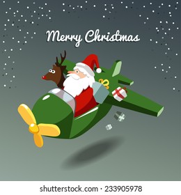 Cute christmas card with santa claus and reindeer flying the plane, vector illustration background