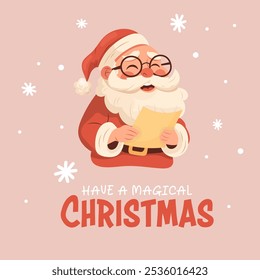 Cute Christmas card. Santa Claus in cartoon style holding a letter.