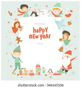 Cute Christmas card with Santa Claus, angels, elf,  friends and a lot of holiday symbols.  Lovely winter invitation in cartoon and character style with place for text.