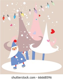 Cute Christmas card with Santa Claus and trees