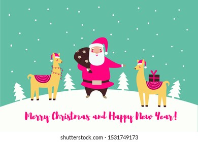 Cute Christmas card with Santa and funny llamas. Winter season character design. Colorful cartoon  poster. Vector illustration. 