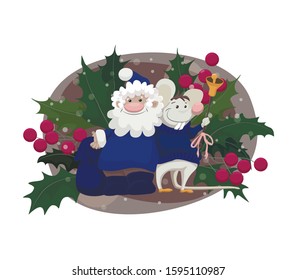 cute christmas card with santa and mice with the leaves of Holly on background vector isolated illustration