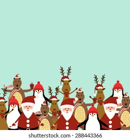 Cute christmas card with Santa, reindeer, bear and penguin