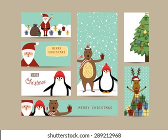 Cute christmas card with Santa, reindeer, bear and penguin