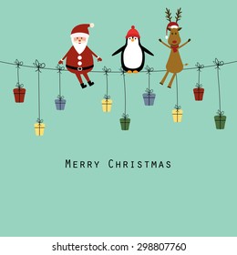 Cute christmas card with Santa, reindeer and penguin