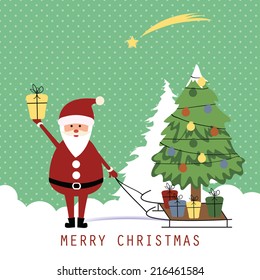 Cute christmas card with Santa and Christmas tree