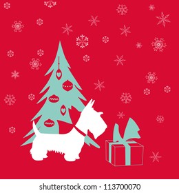 Cute Christmas Card - Scottish Terrier with present - in vector