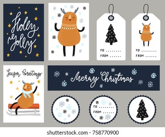 Cute christmas card set with deer, christmas tree and stars. Little snowlakes. Tag and banner template. Hand drawn vector illustration with stickers templates.