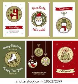 Cute Christmas Card Set with Gifts, Santa, Snowman, Skates, Christmas Tree, Pine Cone, Sock, Hat and Mittens. Tags for Gifts, Template for Mailing, Design. Modern collection of vector illustrations