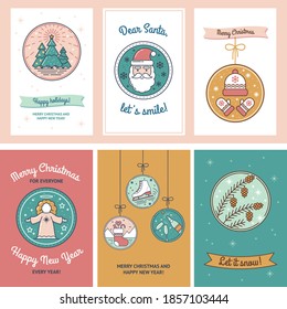 Cute Christmas Card Set with Christmas Trees, Santa, Hat and Mittens, Angel, Cones, Skates, Sock and Champagne. Tags for Gifts, Template for Mailing, Design. Modern collection of vector illustrations