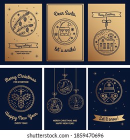 Cute Christmas Card Set with Christmas Trees, Santa, Hat and Mittens, Candle, Cones, Skates, Mistletoe and Snow House. Tags for Gifts, Template for Mailing, Design. Collection of vector illustrations
