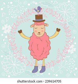 Cute Christmas card with sheep and bird. vector illustration
