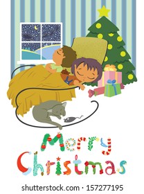 Cute Christmas card with sleeping children