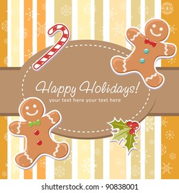 Cute Christmas card with smiling gingerbread man, delicious candy cane and holly berries on a striped background