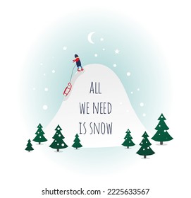 cute Christmas card snow slide and baby with sled