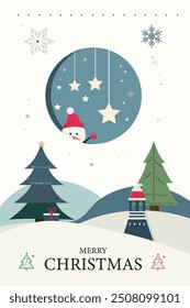 A cute Christmas card with a snowman, tree, and stars in the sky. Flat design. Vector graphics. Simple shapes. Pastel colors.