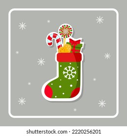 Cute Christmas card with Christmas sock and gifts. Winter sticker. Greeting card, frame for Christmas, New Year. Winter Holiday Decoration. Traditional Christians symbol. Bright Vector illustration 