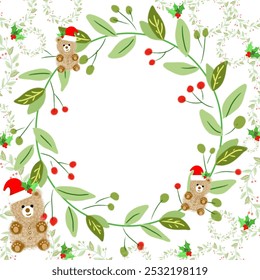 Cute Christmas card with teddy bears wearing Santa hat and green garland on white background