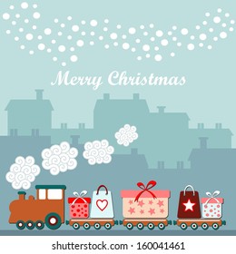 Cute christmas card with train, gifts, winter houses, falling snowflakes, vector illustration background