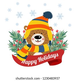 Cute Christmas card with tree braches and funny bear. Christmas poster