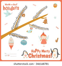 Cute Christmas card with tree branch and a lot of holiday symbols in it: angels, socks, gingerbread, toys.  Lovely winter invitation in cartoon and character style with place for text.