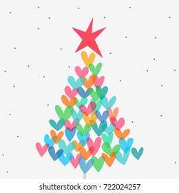 Cute christmas card with christmas tree and hearts