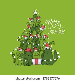 Tarjeta de navidad con árbol de navidad hecha de gatos. Tarjeta verde cuadrada de saludo con letras de texto lineal de saludo Feliz Navidad. Ilustración vectorial plano y de línea dibujada a mano.