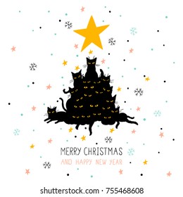 Cute christmas card with christmas tree made of cats