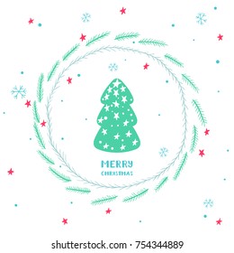 Cute Christmas card with christmas tree, round frame of spruce branches, stars and snowflakes