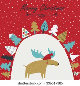 Cute christmas card with trees and a moose in cartoon style