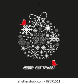 Cute christmas card with two birds on the  snowflakes ball