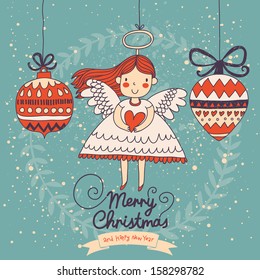 Cute Christmas card in vector. Bright holiday background with small funny angel in New Year toys in cartoon style