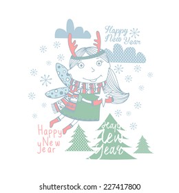 Cute christmas card in vector. Bright holiday background with small sweet angel.Happy New Year